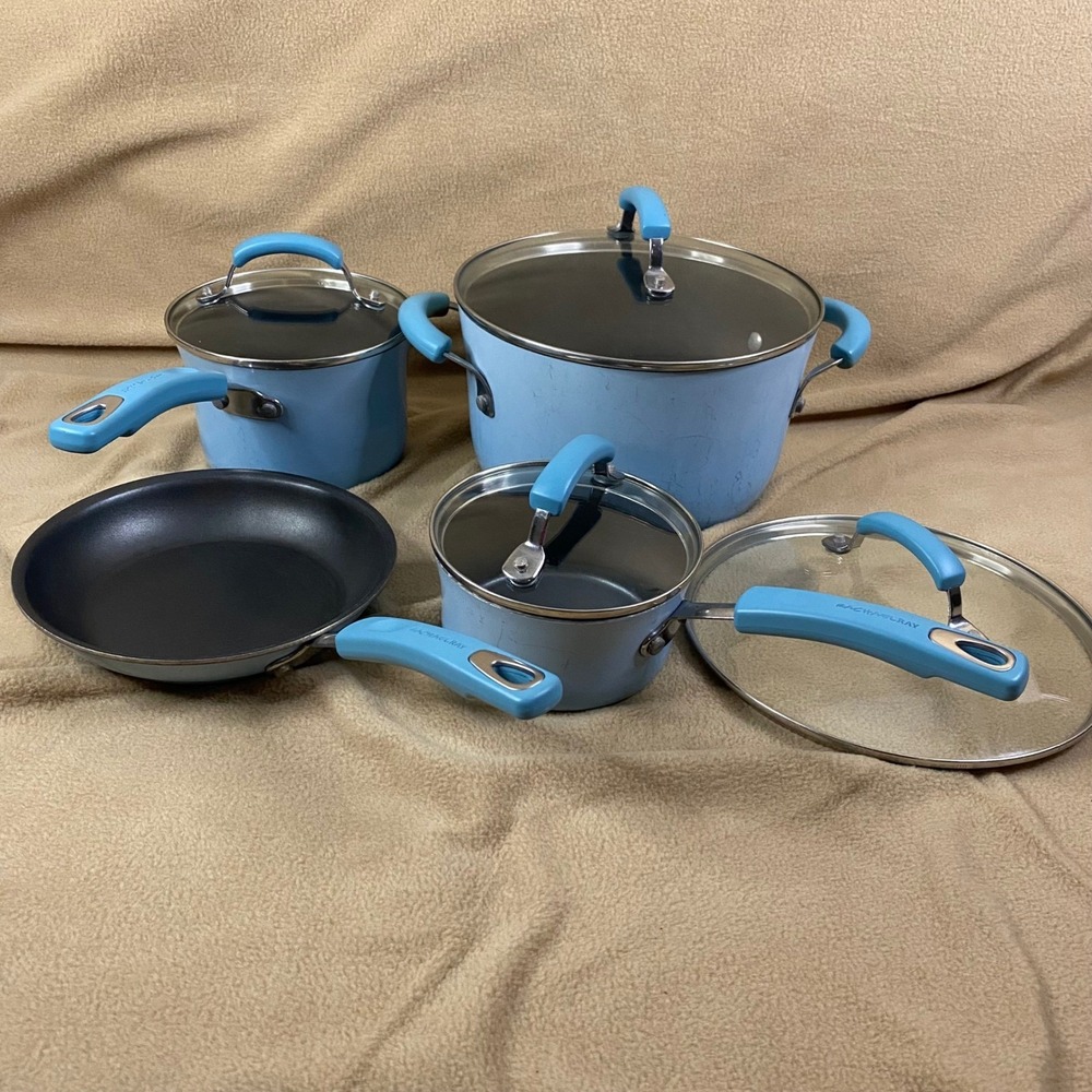 Rachael Ray Cookware Set 8pc Sky Blue Nonstick Porcelain Enamel Kitchen Pots GUC